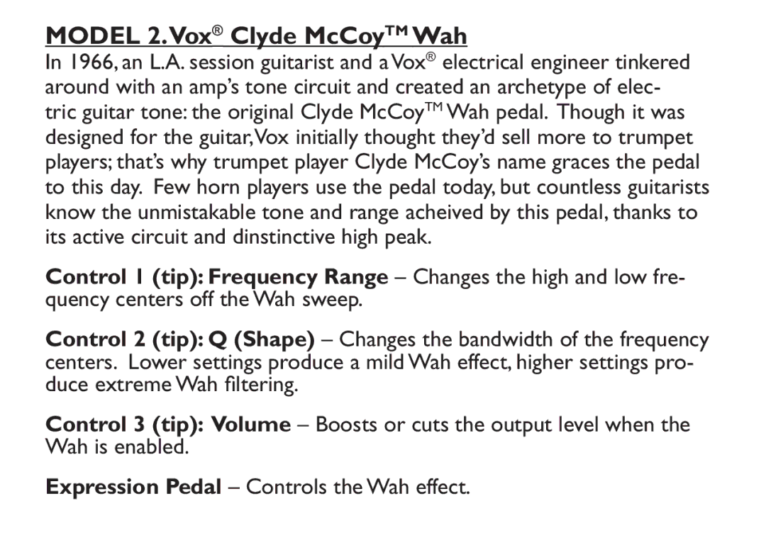DigiTech EX-7 manual Model 2.Vox Clyde McCoyTM Wah 