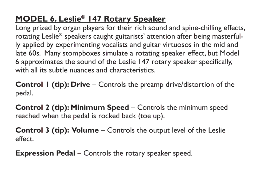 DigiTech EX-7 manual Model 6. Leslie 147 Rotary Speaker 