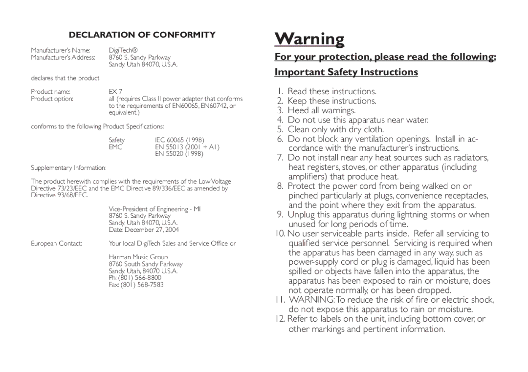 DigiTech EX-7 manual Declaration of Conformity 