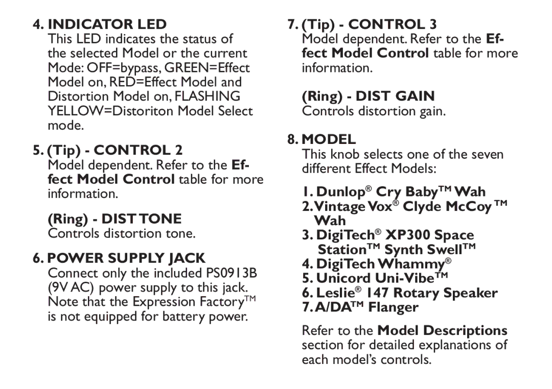 DigiTech EX-7 manual Indicator LED 