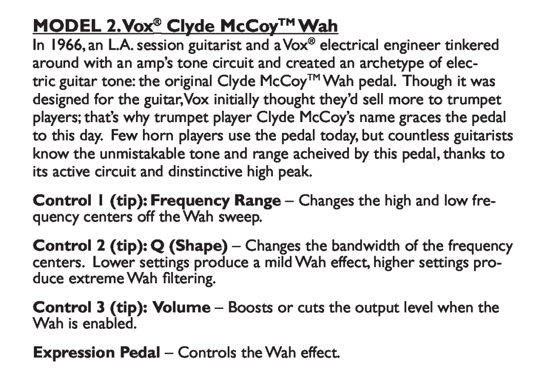 DigiTech EX-7 manual MODEL 2.Vox Clyde McCoyTM Wah 