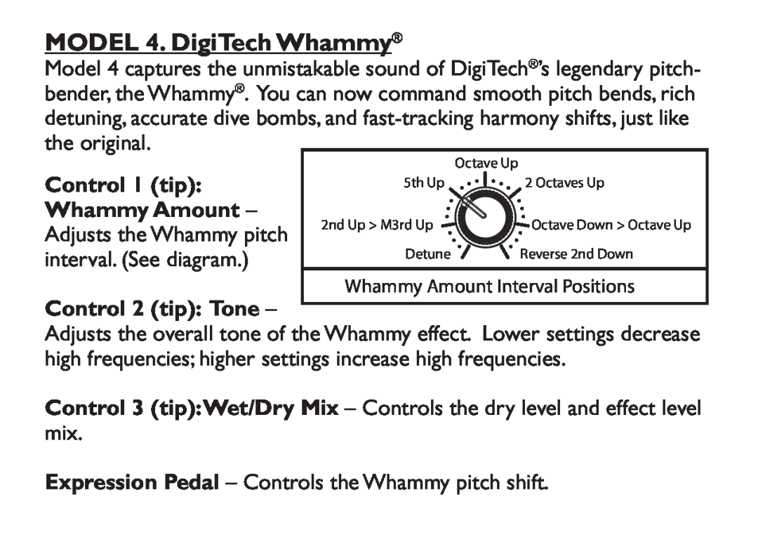 DigiTech EX-7 manual MODEL 4. DigiTech Whammy, Control 1 tip, Whammy Amount, Control 2 tip Tone 