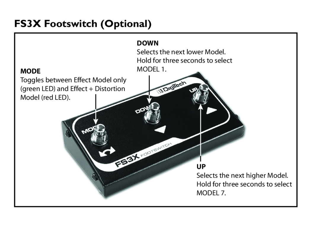 DigiTech EX-7 FS3X Footswitch Optional, Down, Selects the next lower Model Hold for three seconds to select MODEL 