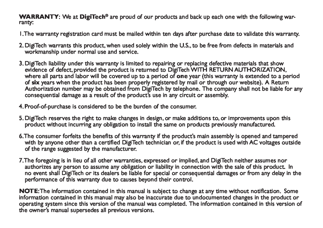 DigiTech EX-7 manual Proof-of-purchase is considered to be the burden of the consumer 