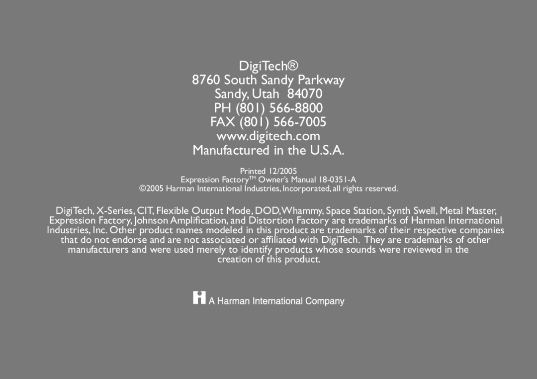 DigiTech EX-7 manual DigiTech 8760 South Sandy Parkway Sandy, Utah PH 801 FAX 801, Manufactured in the U.S.A 