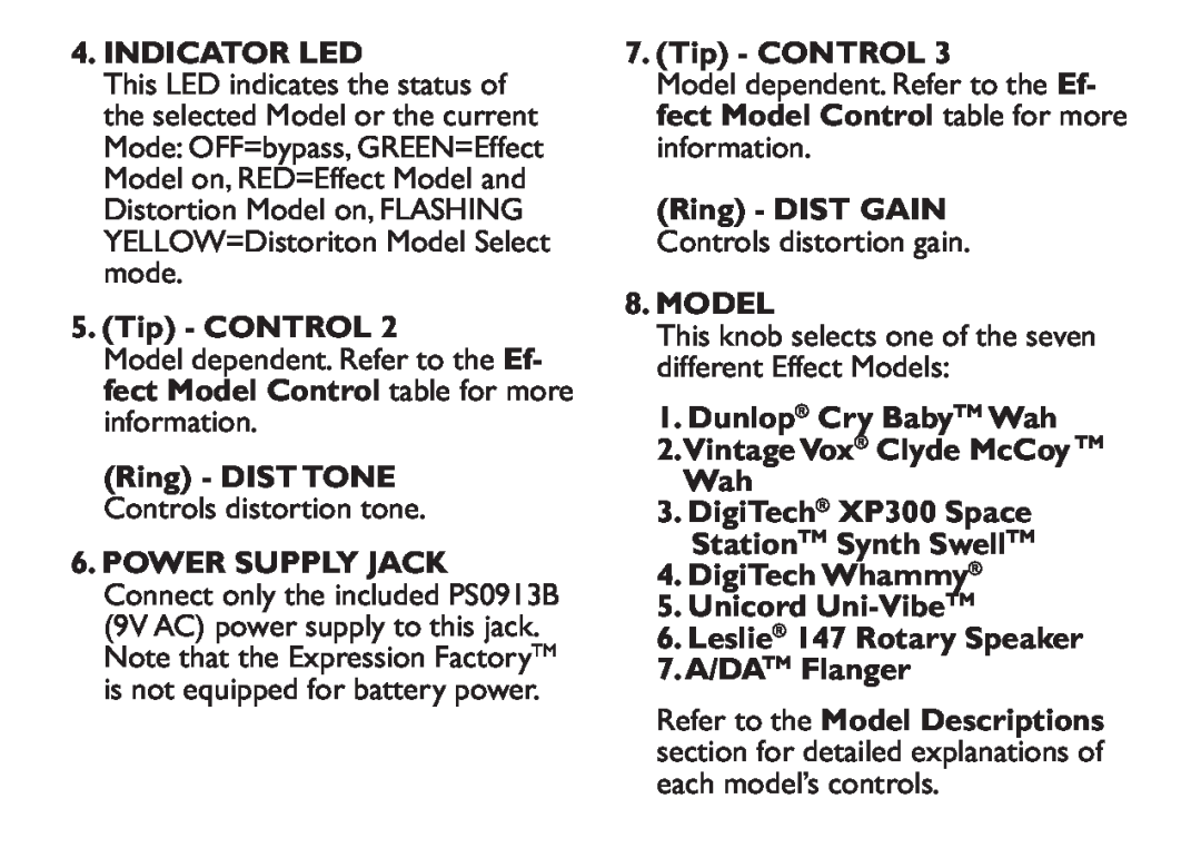 DigiTech EX-7 manual Indicator Led, Tip - CONTROL, Ring - DIST TONE Controls distortion tone, Model 