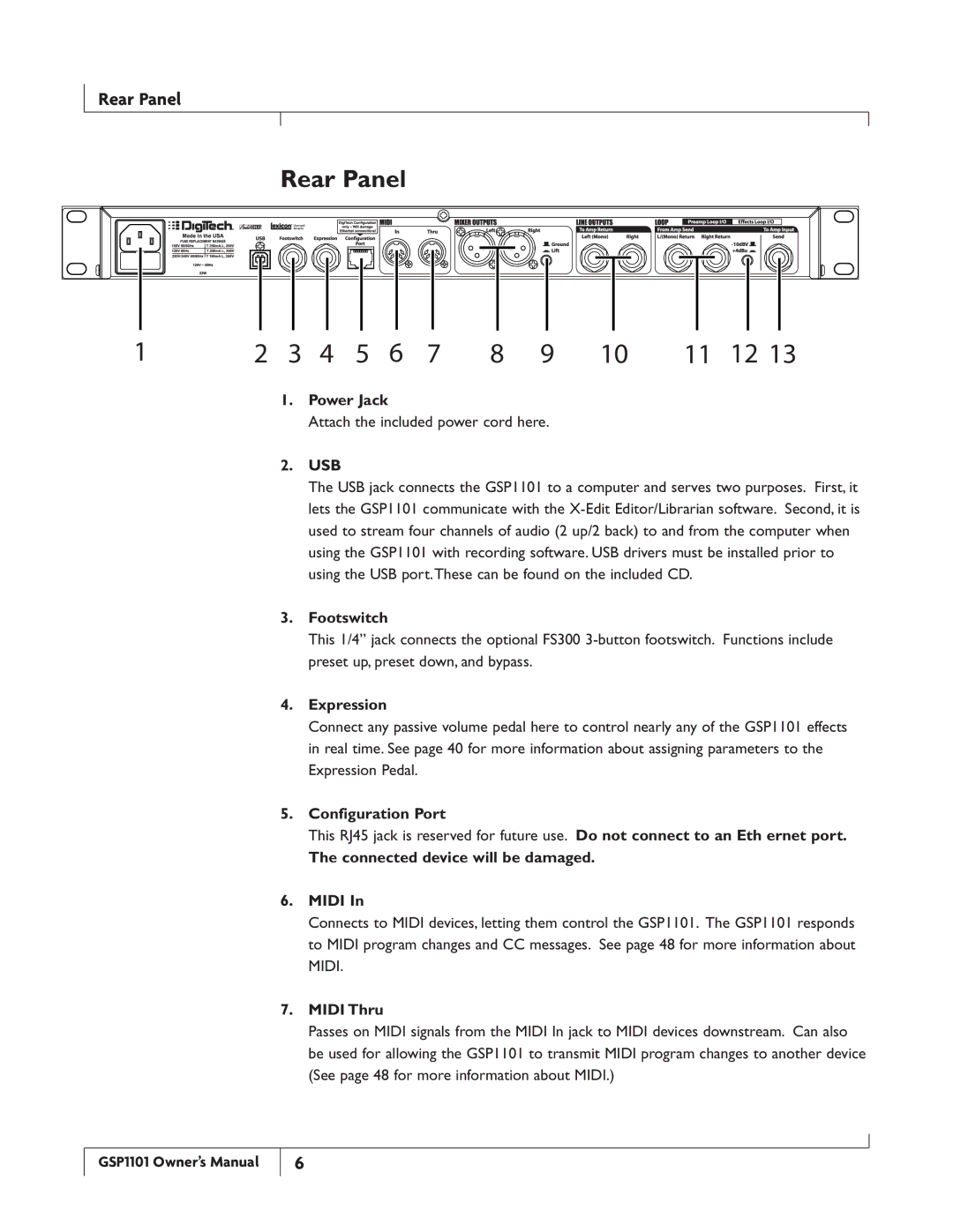 DigiTech GSP1101 owner manual Rear Panel 