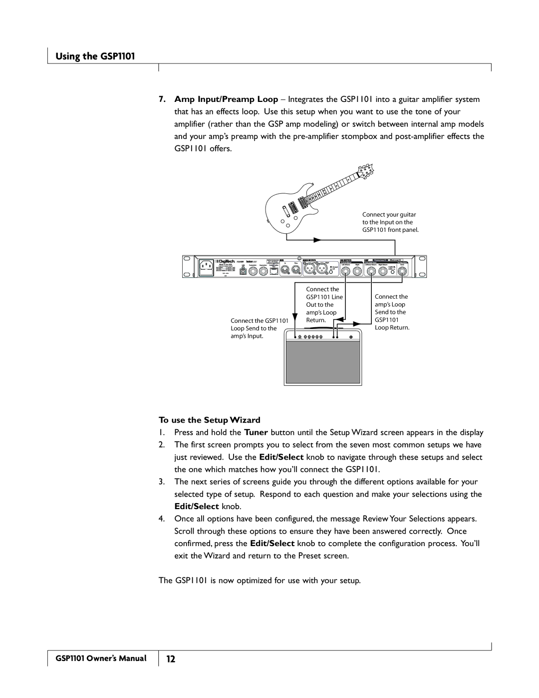 DigiTech GSP1101 owner manual To use the Setup Wizard 