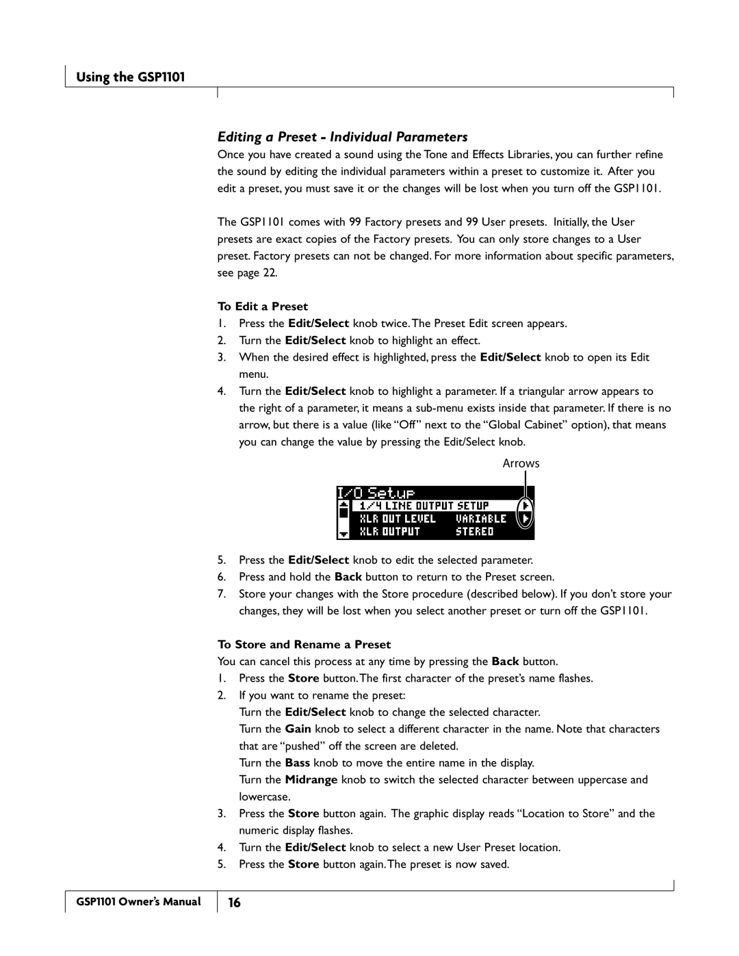 DigiTech GSP1101 owner manual Editing a Preset Individual Parameters, To Store and Rename a Preset 