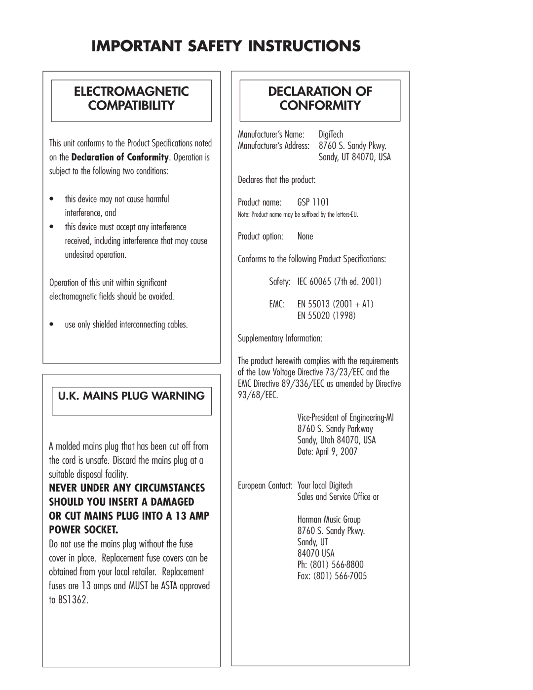 DigiTech GSP1101 owner manual Electromagnetic Compatibility 