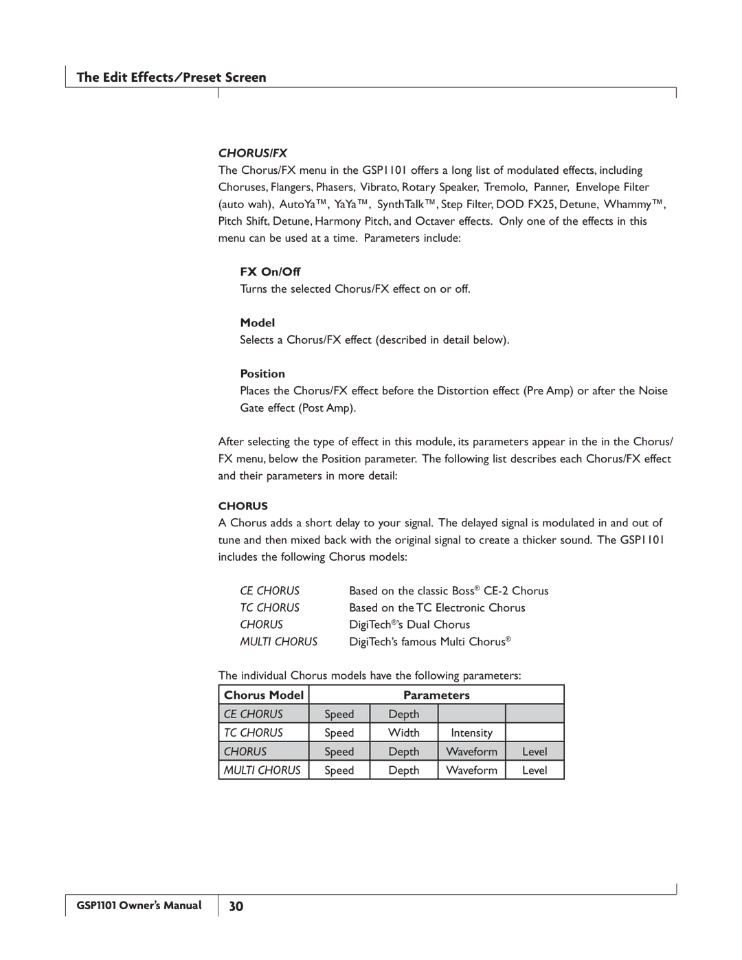 DigiTech GSP1101 owner manual Chorus/Fx, FX On/Off, Position, Chorus Model Parameters 