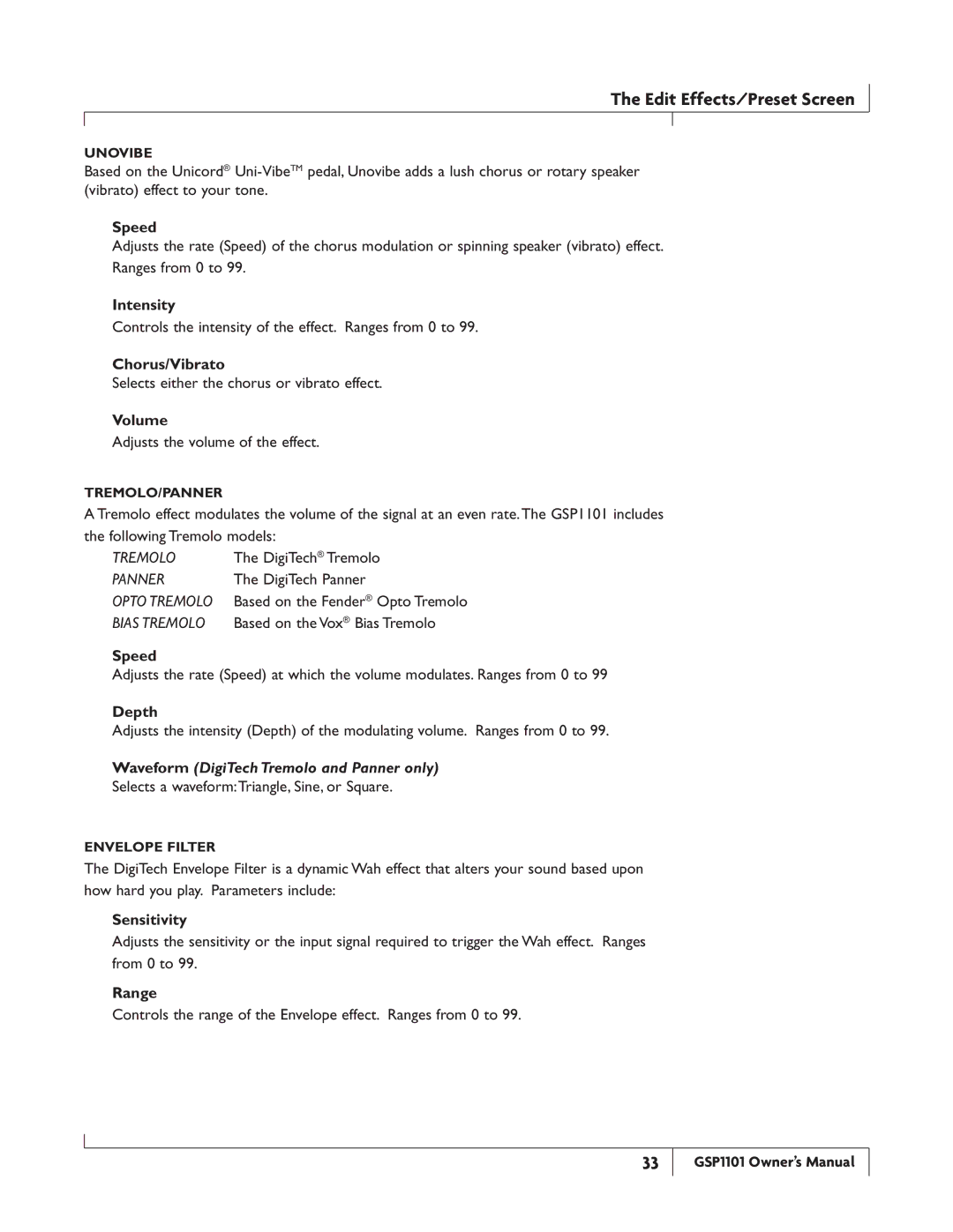 DigiTech GSP1101 owner manual Chorus/Vibrato, Volume, Waveform DigiTech Tremolo and Panner only, Sensitivity, Range 