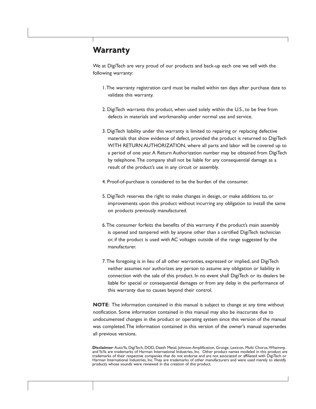 DigiTech GSP1101 owner manual Warranty 