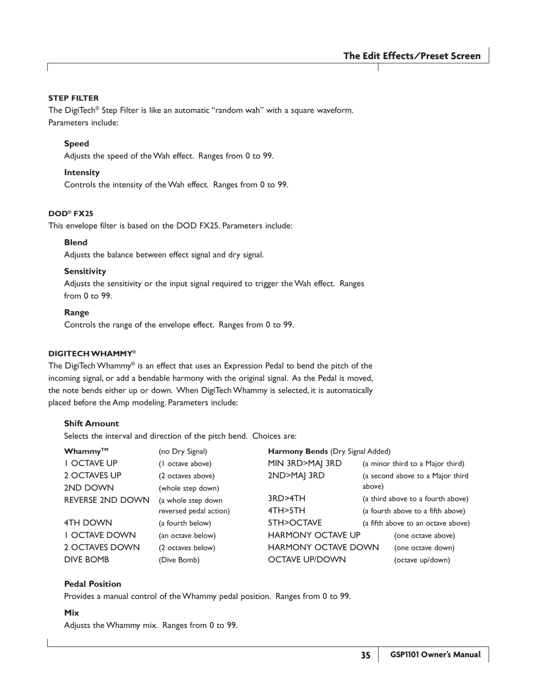 DigiTech GSP1101 owner manual Blend, Shift Amount, Pedal Position, Mix 