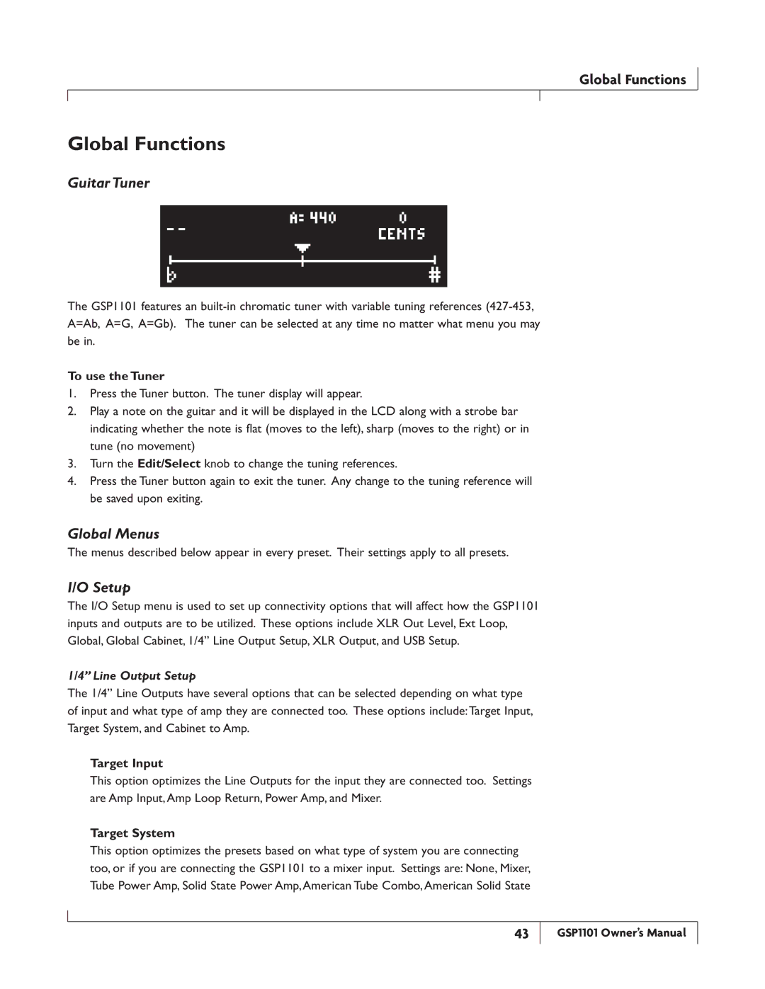 DigiTech GSP1101 owner manual Global Functions, Guitar Tuner, Global Menus, Line Output Setup 