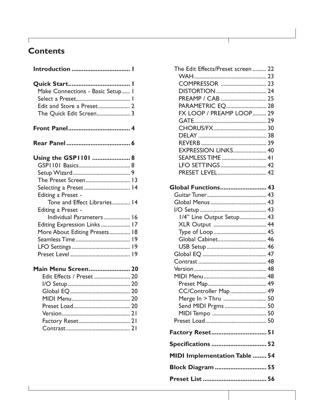 DigiTech GSP1101 owner manual Contents 