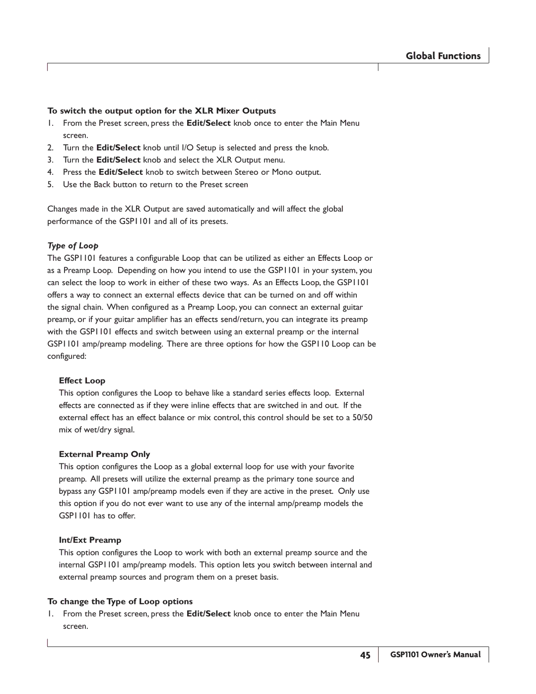 DigiTech GSP1101 owner manual Type of Loop 