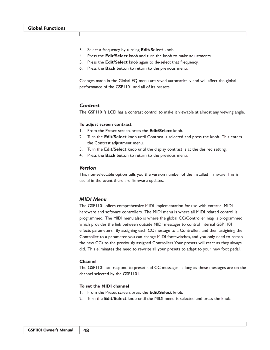 DigiTech GSP1101 owner manual Contrast, Version, Midi Menu 