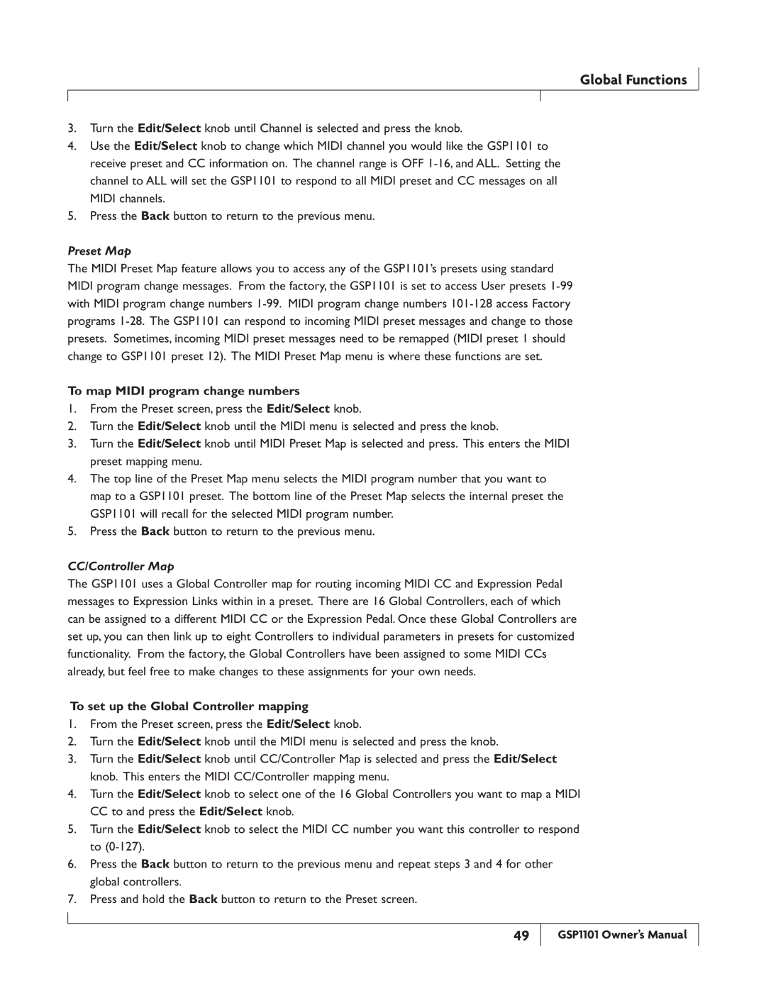 DigiTech GSP1101 owner manual Preset Map, To map Midi program change numbers, CC/Controller Map 