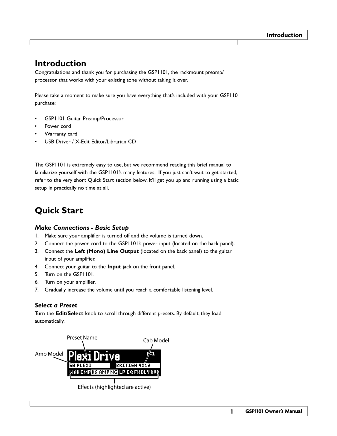 DigiTech GSP1101 owner manual Introduction, Quick Start, Make Connections Basic Setup, Select a Preset 