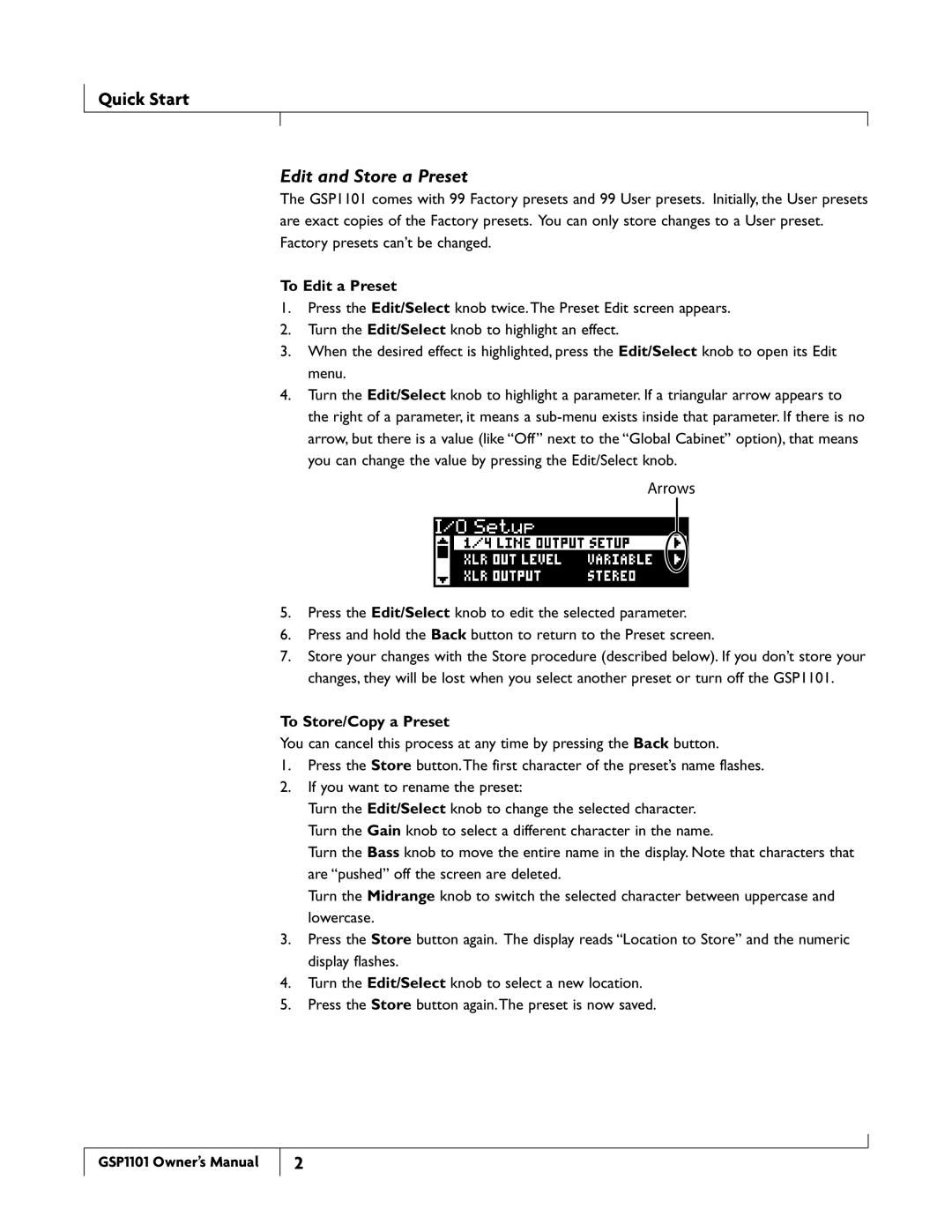 DigiTech GSP1101 owner manual Edit and Store a Preset, To Edit a Preset, To Store/Copy a Preset 