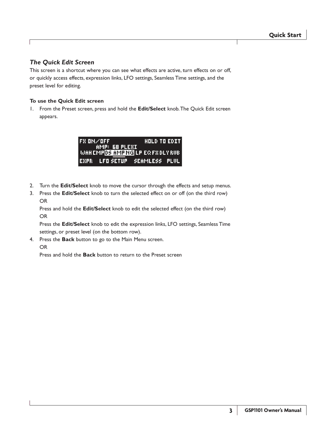 DigiTech GSP1101 owner manual Quick Edit Screen, To use the Quick Edit screen 