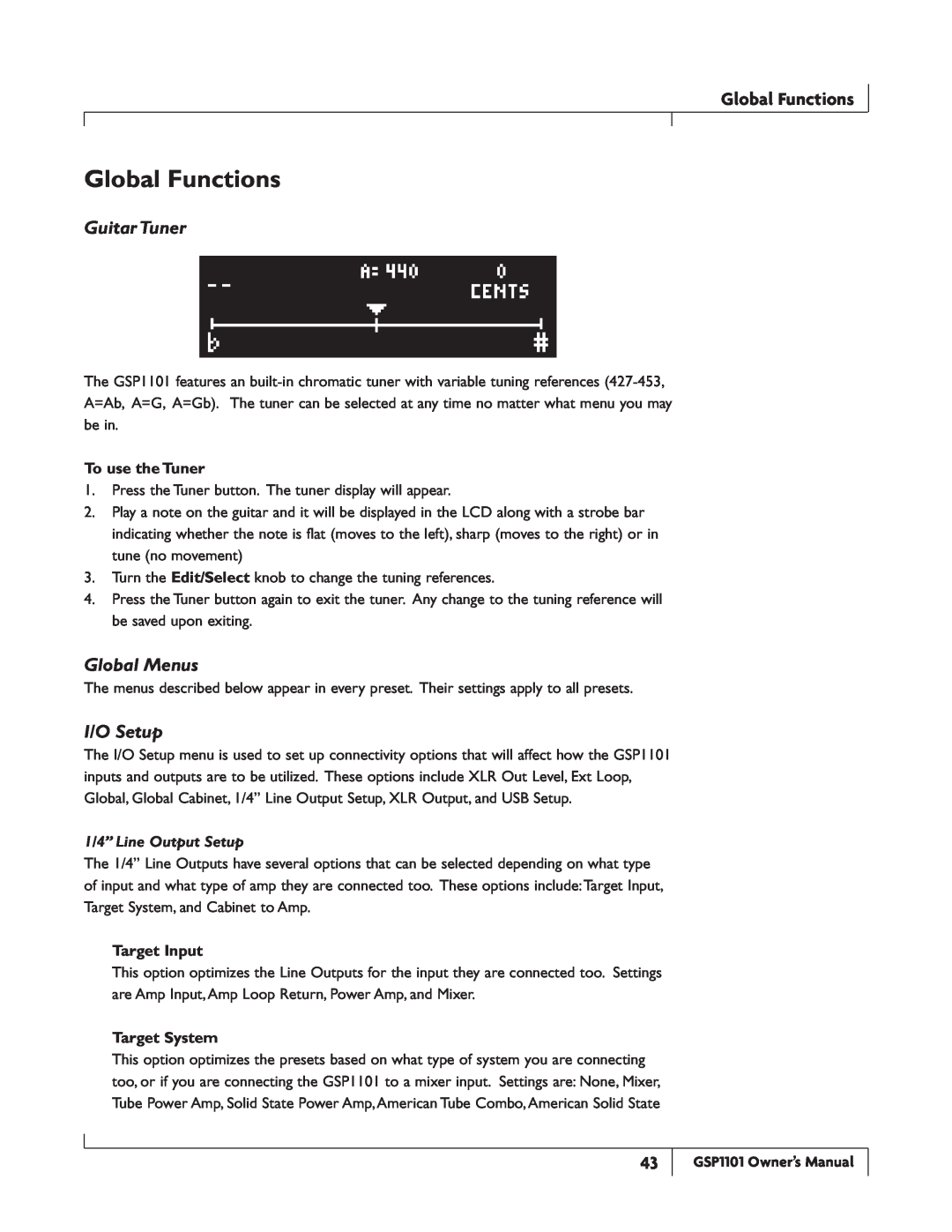 DigiTech GSP1101 Global Functions, Guitar Tuner, Global Menus, I/O Setup, To use the Tuner, 1/4” Line Output Setup 