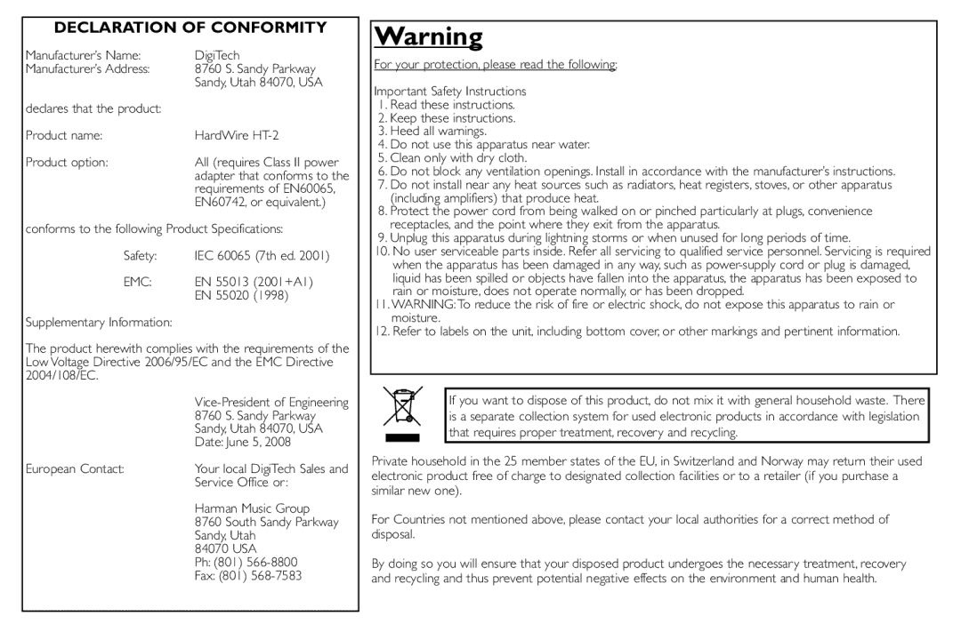 DigiTech HT-2 manual Declaration of Conformity 