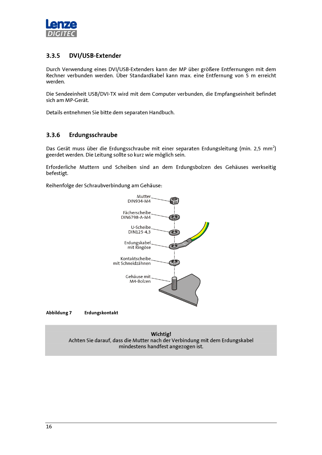 DigiTech MP 600-9000 DVI manual 5 DVI/USB-Extender, Erdungsschraube, Wichtig 