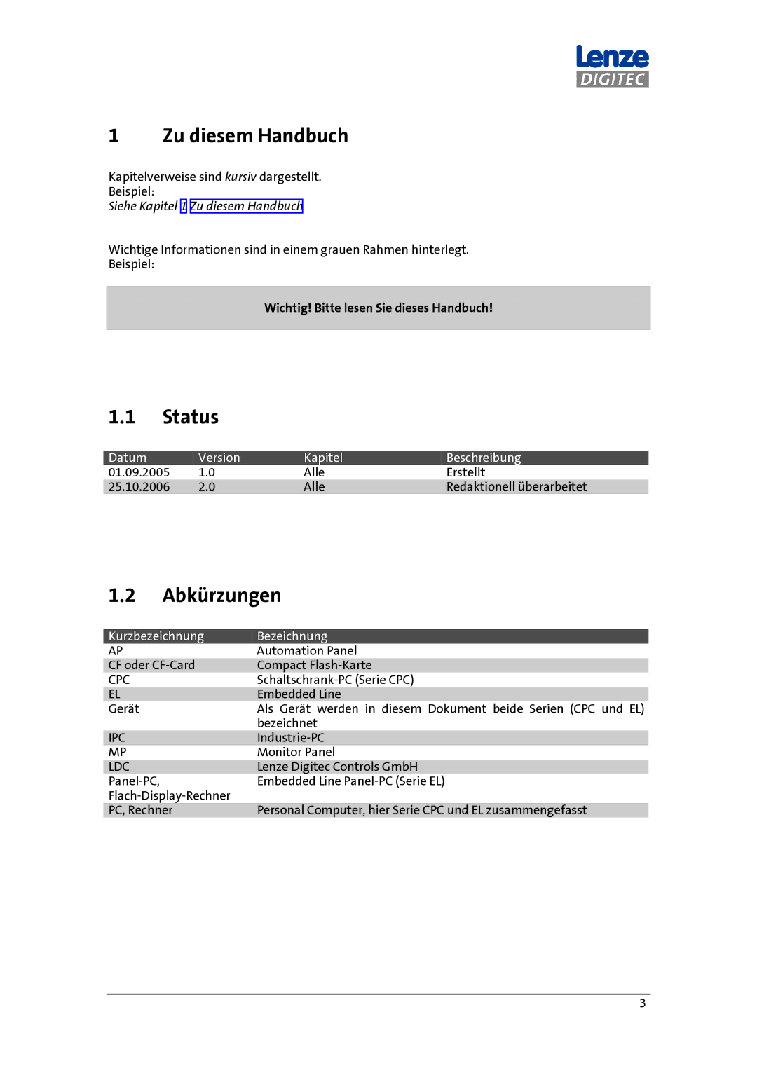 DigiTech MP 600-9000 DVI manual Zu diesem Handbuch, Status, Abkürzungen, Wichtig! Bitte lesen Sie dieses Handbuch 