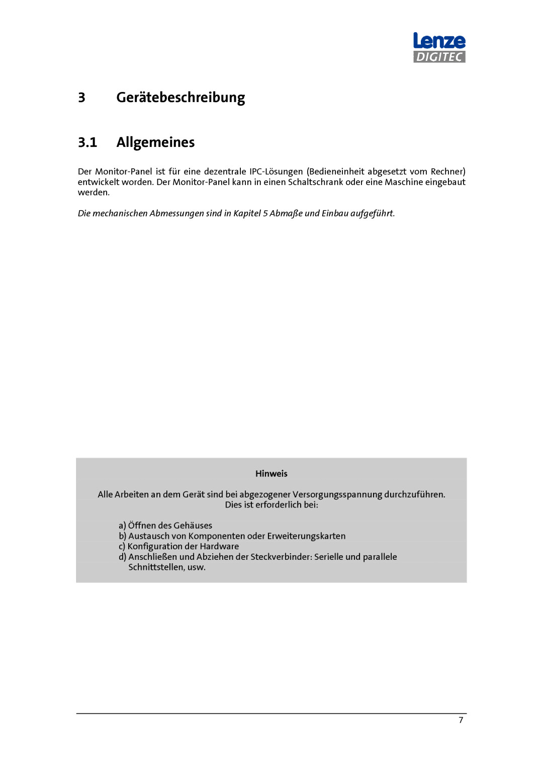 DigiTech MP 600-9000 DVI manual Gerätebeschreibung Allgemeines, Hinweis 