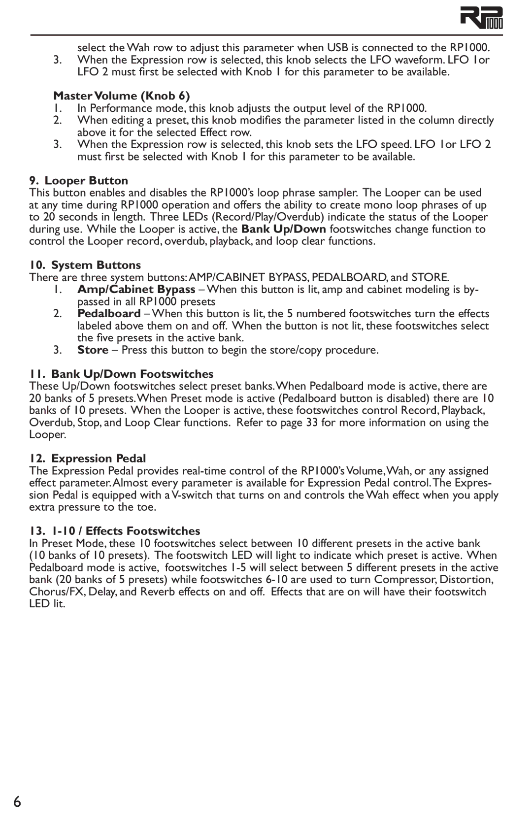 DigiTech RP1000 owner manual Master Volume Knob, Looper Button, System Buttons, Bank Up/Down Footswitches, Expression Pedal 