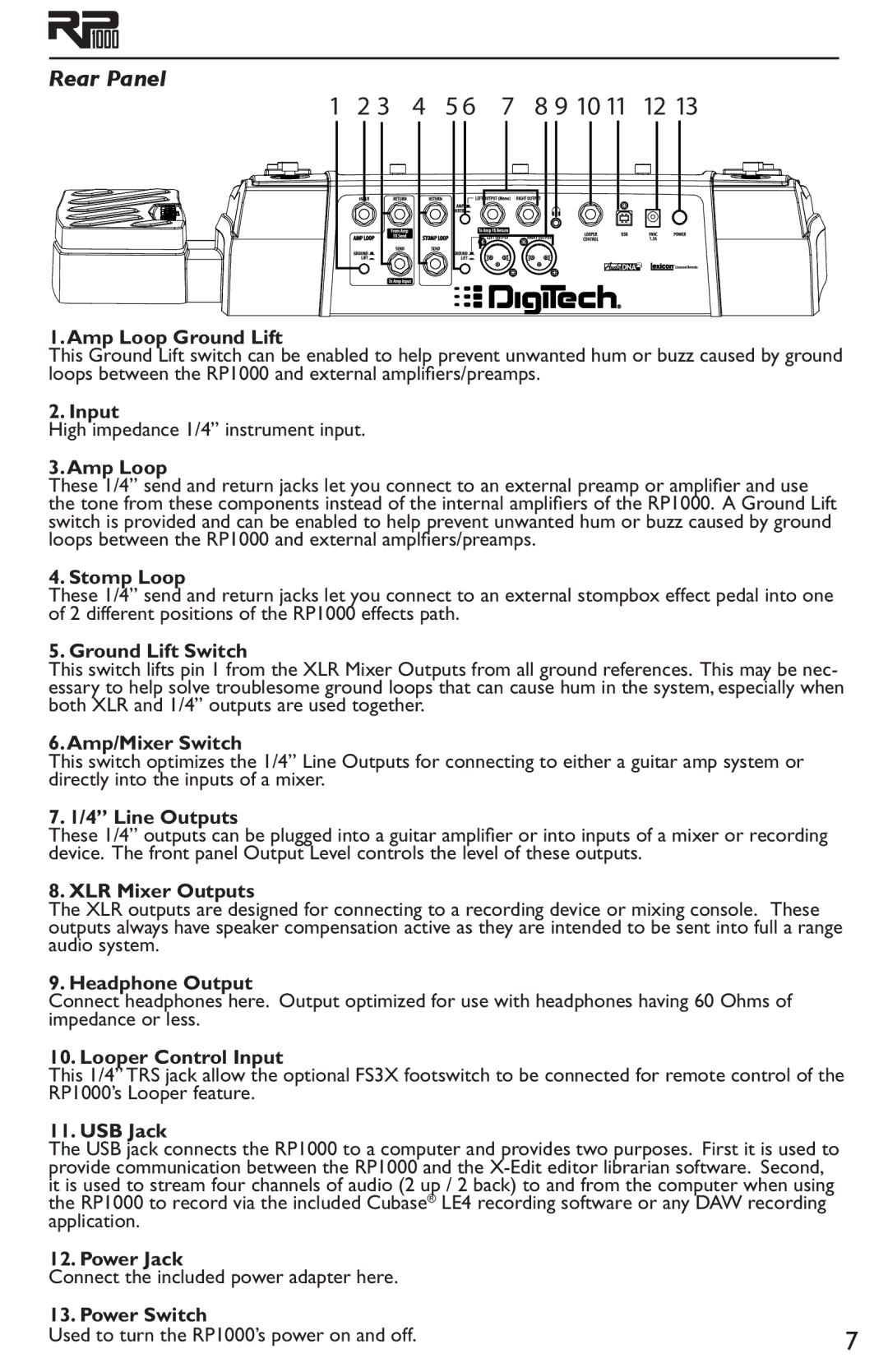 DigiTech RP1000 owner manual Rear Panel 