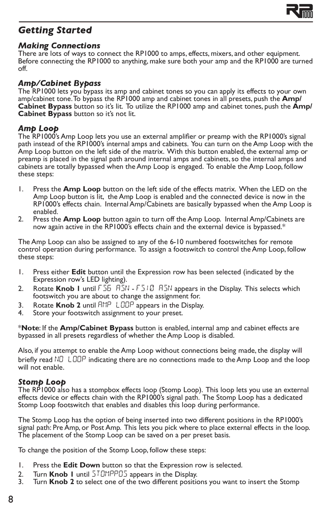 DigiTech RP1000 owner manual Getting Started, Making Connections, Amp Loop, Stomp Loop 