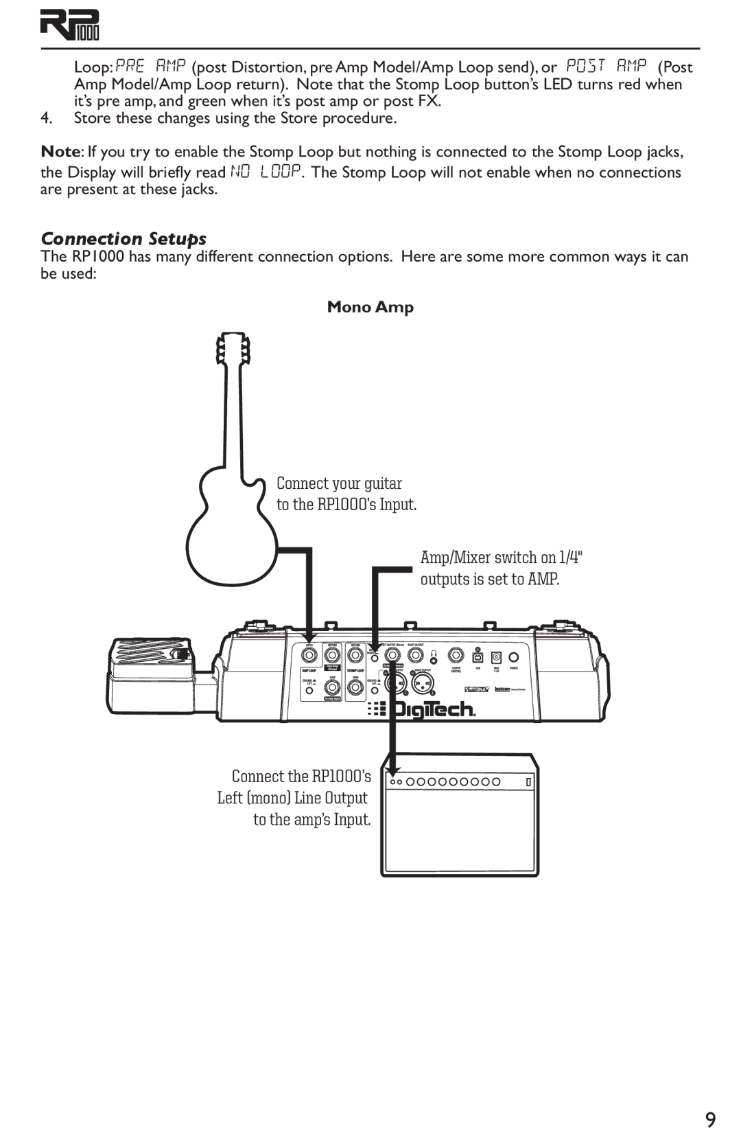 DigiTech RP1000 owner manual Connection Setups, Mono Amp 