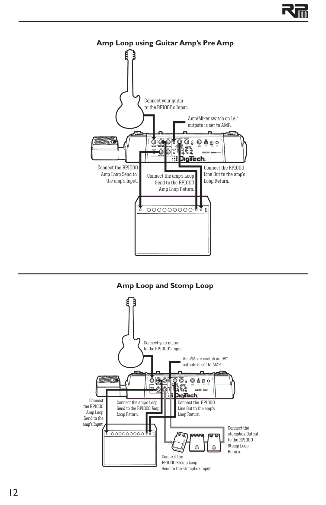 DigiTech RP1000 owner manual Amp Loop using Guitar Amp’s Pre Amp, Amp Loop and Stomp Loop 