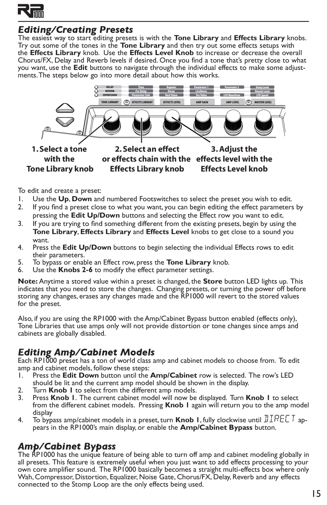 DigiTech RP1000 owner manual Editing/Creating Presets, Editing Amp/Cabinet Models, Amp/Cabinet Bypass 