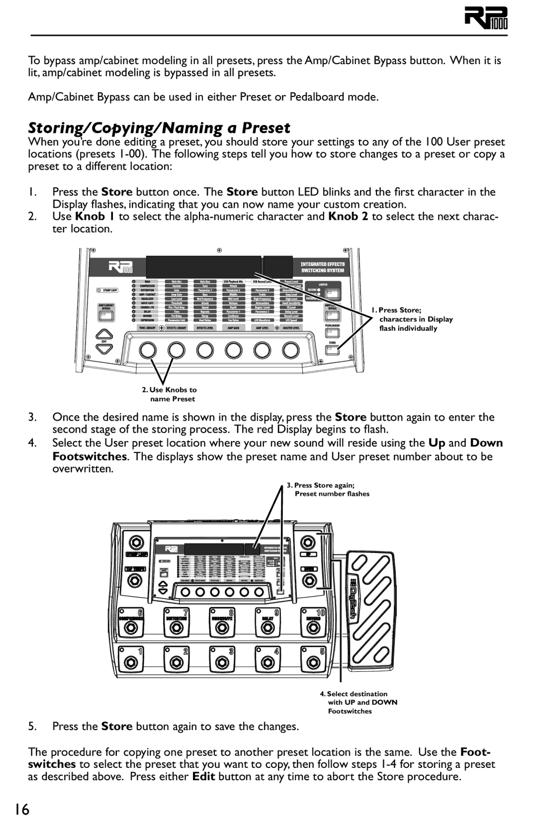 DigiTech RP1000 owner manual Storing/Copying/Naming a Preset, Press the Store button again to save the changes 