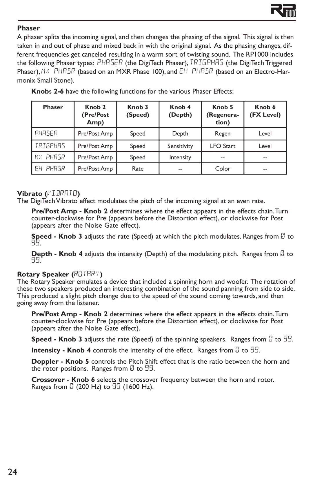 DigiTech RP1000 owner manual Vibrato viBRaTo, Rotary Speaker Rotary, Phaser Knob 
