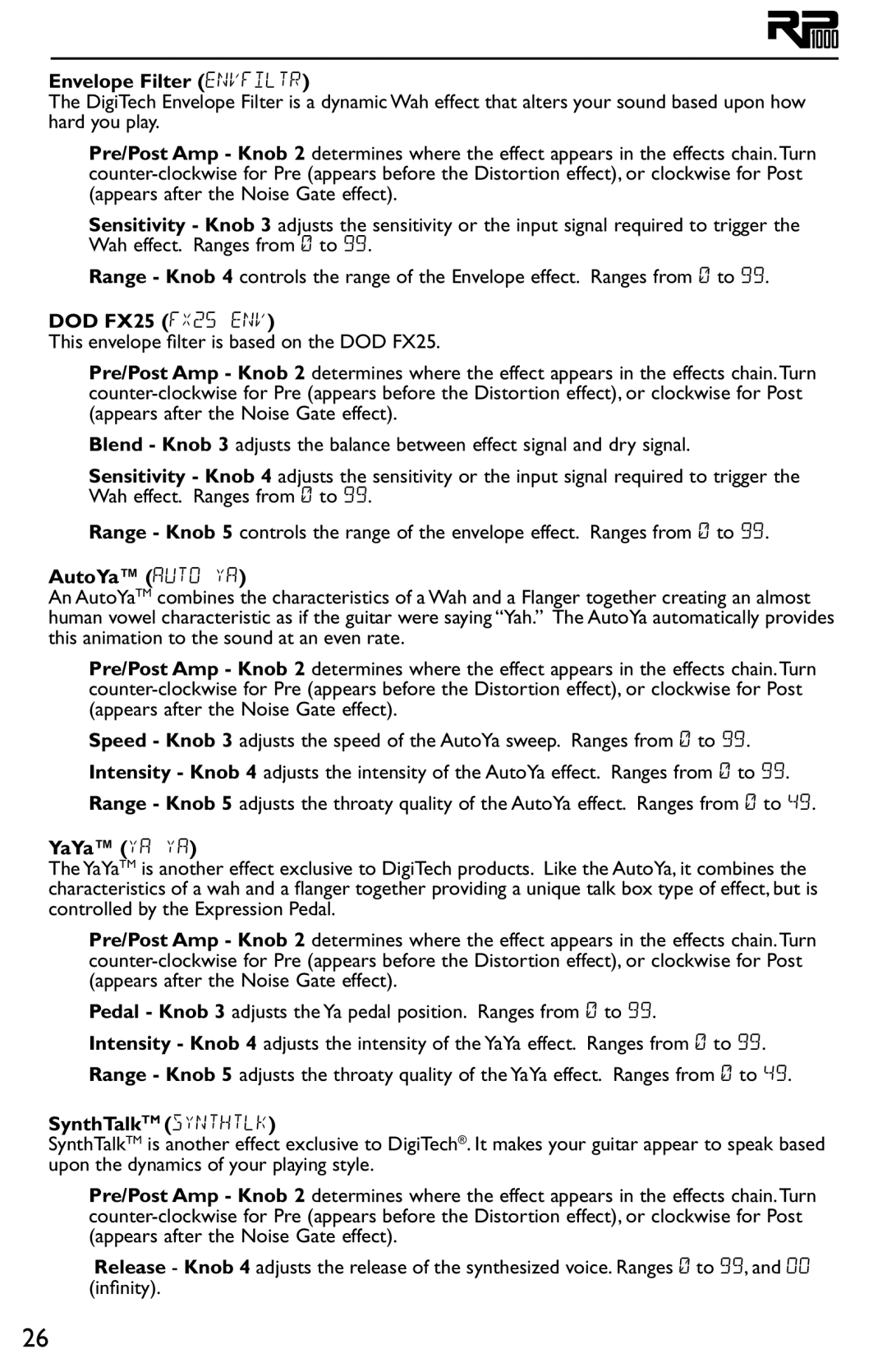 DigiTech RP1000 owner manual Envelope Filter eNvfiltr, DOD FX25 fx25 env, AutoYa Auto YA, YaYa ya ya, SynthTalkTM synthtlk 