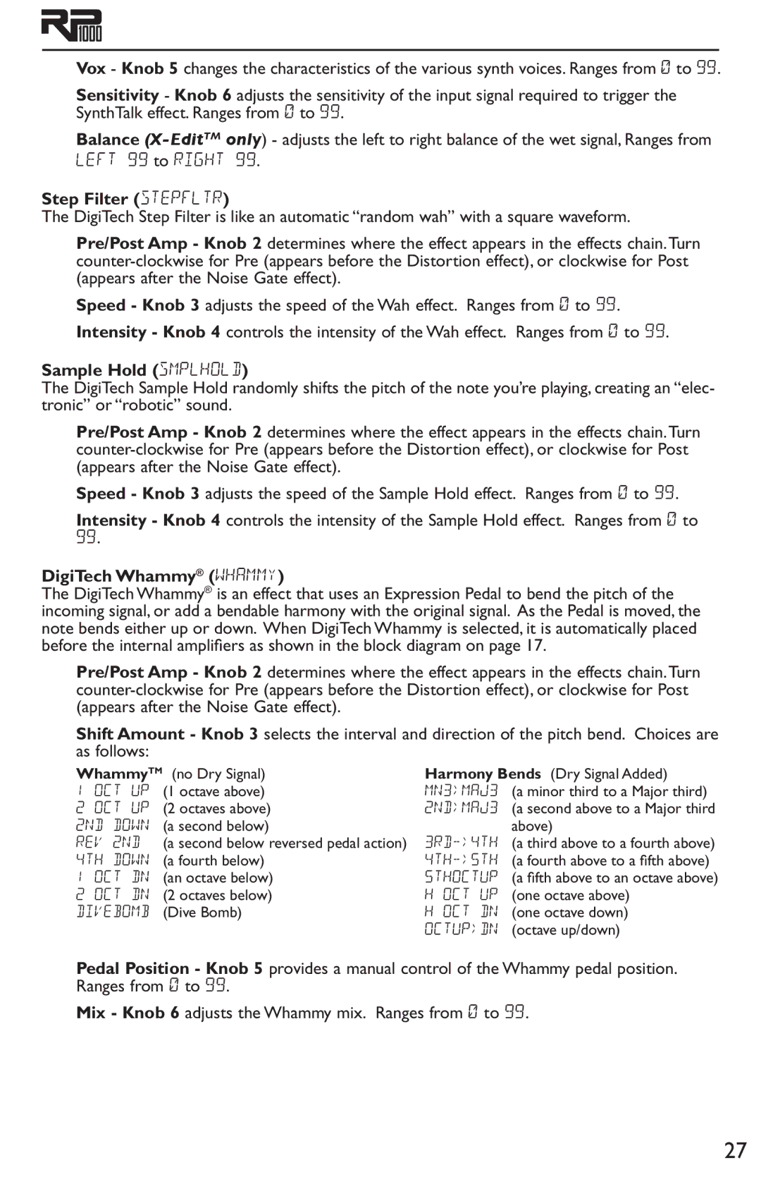 DigiTech RP1000 owner manual Step Filter stepfltr, Sample Hold smplhold, DigiTech Whammy wHammy, WhammyTM 