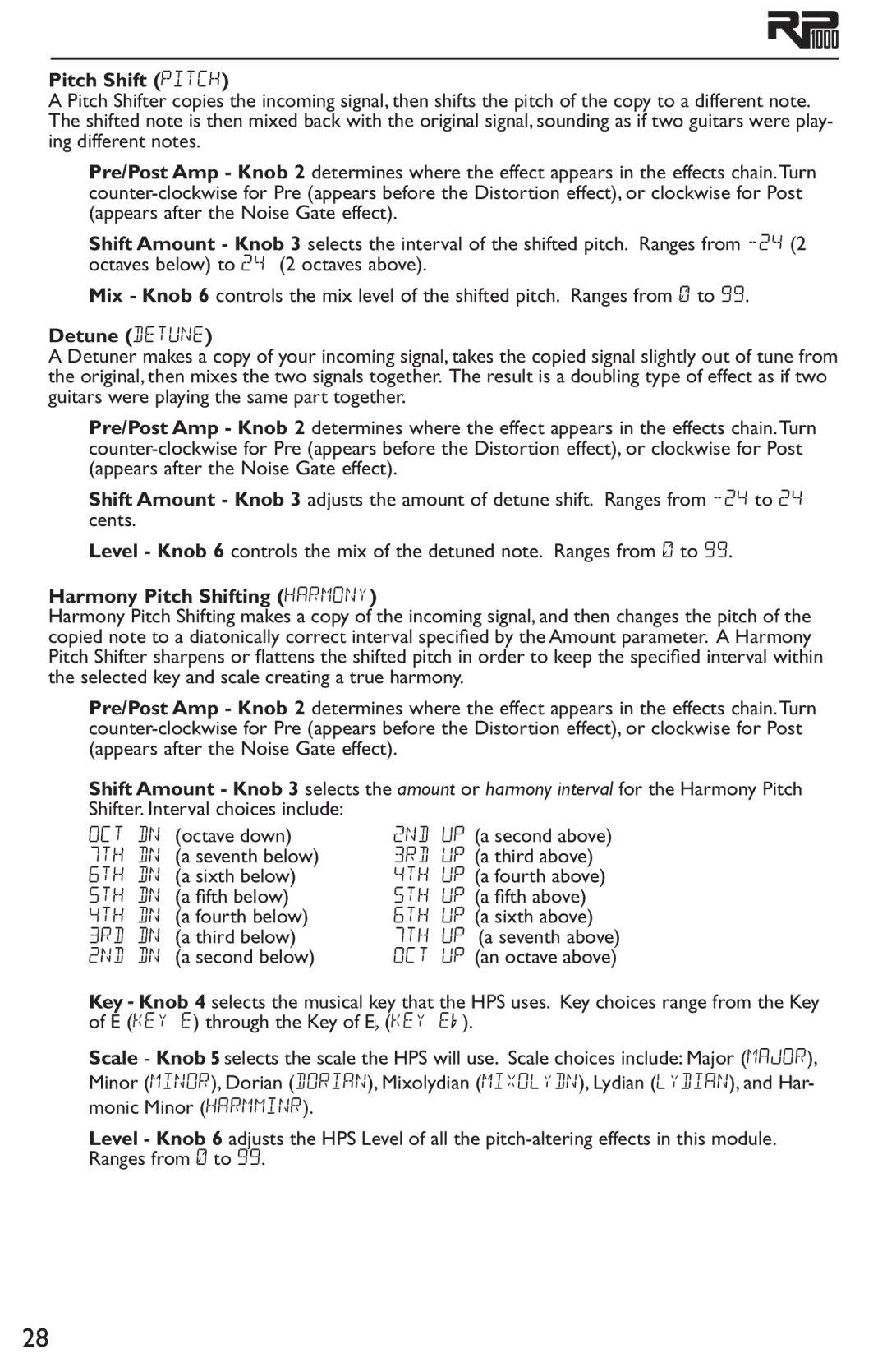DigiTech RP1000 owner manual Pitch Shift PitCH, Detune DetUNe, Harmony Pitch Shifting harmony 