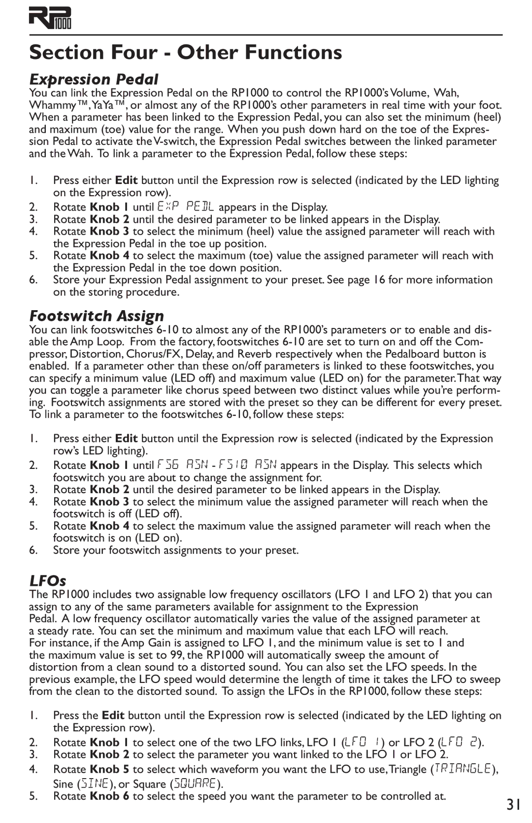 DigiTech RP1000 owner manual Expression Pedal, Footswitch Assign, LFOs 