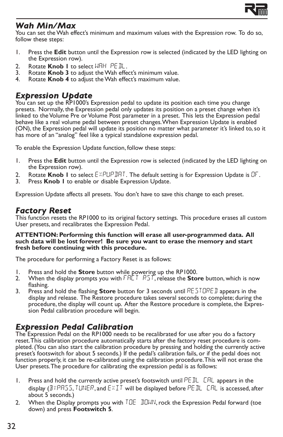 DigiTech RP1000 owner manual Wah Min/Max, Expression Update, Factory Reset, Expression Pedal Calibration 