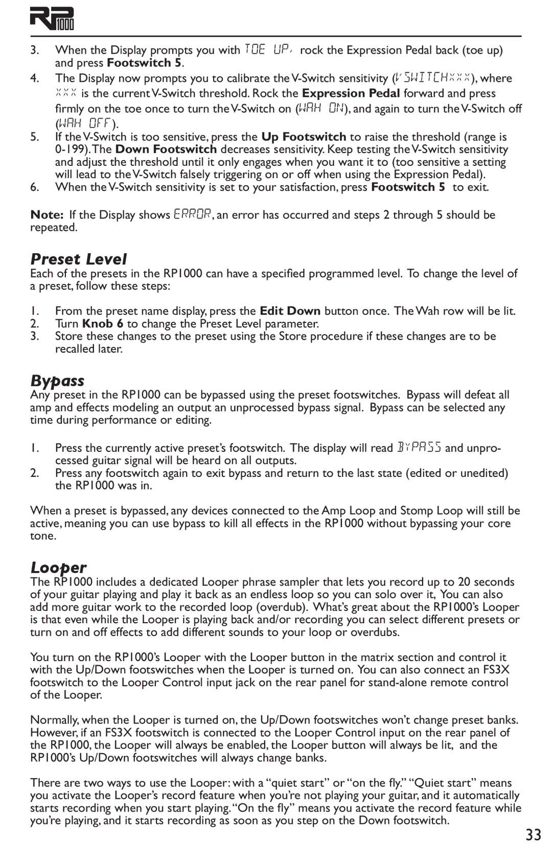 DigiTech RP1000 owner manual Preset Level, Bypass, Looper 