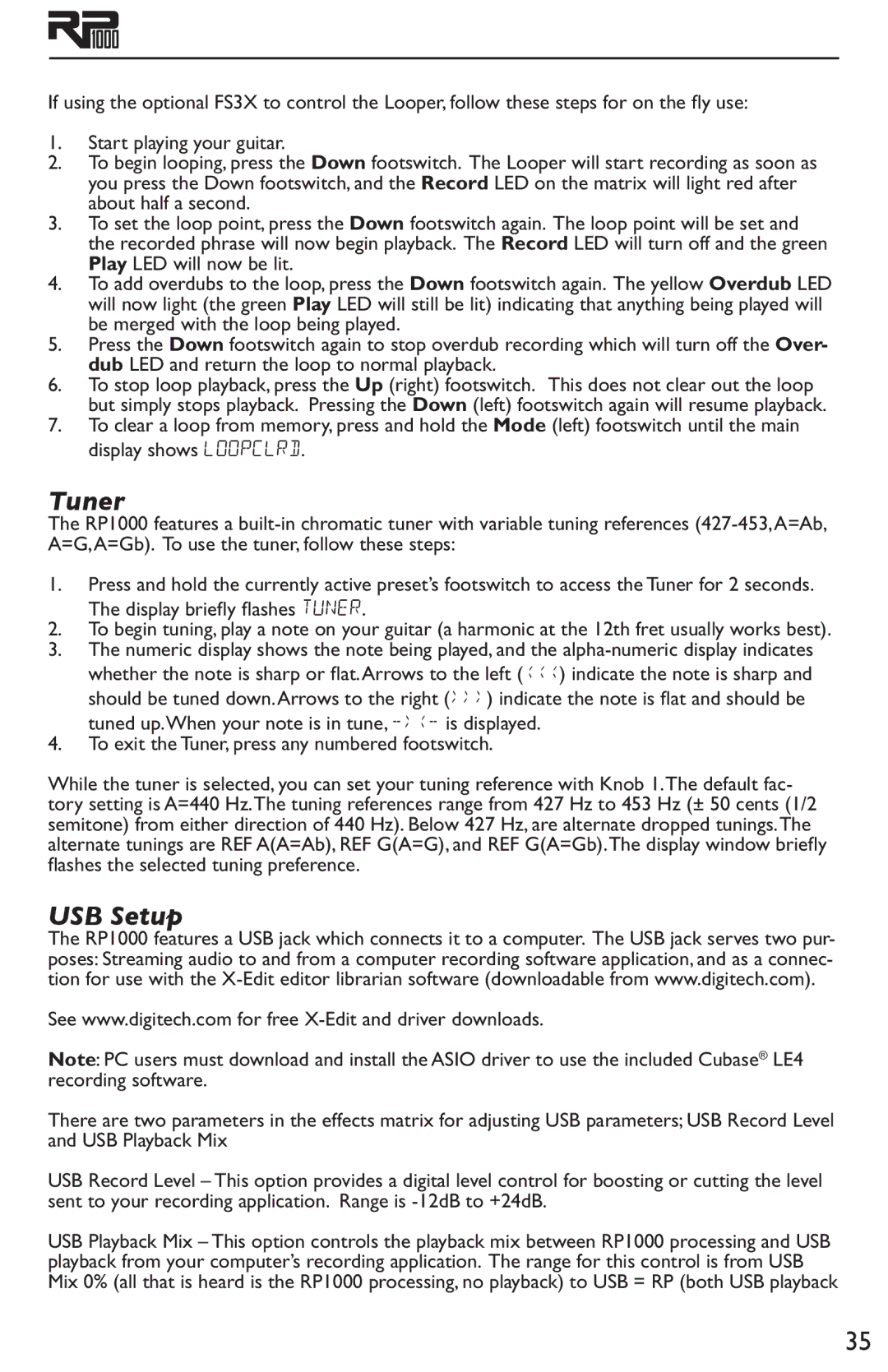 DigiTech RP1000 owner manual Tuner, USB Setup 