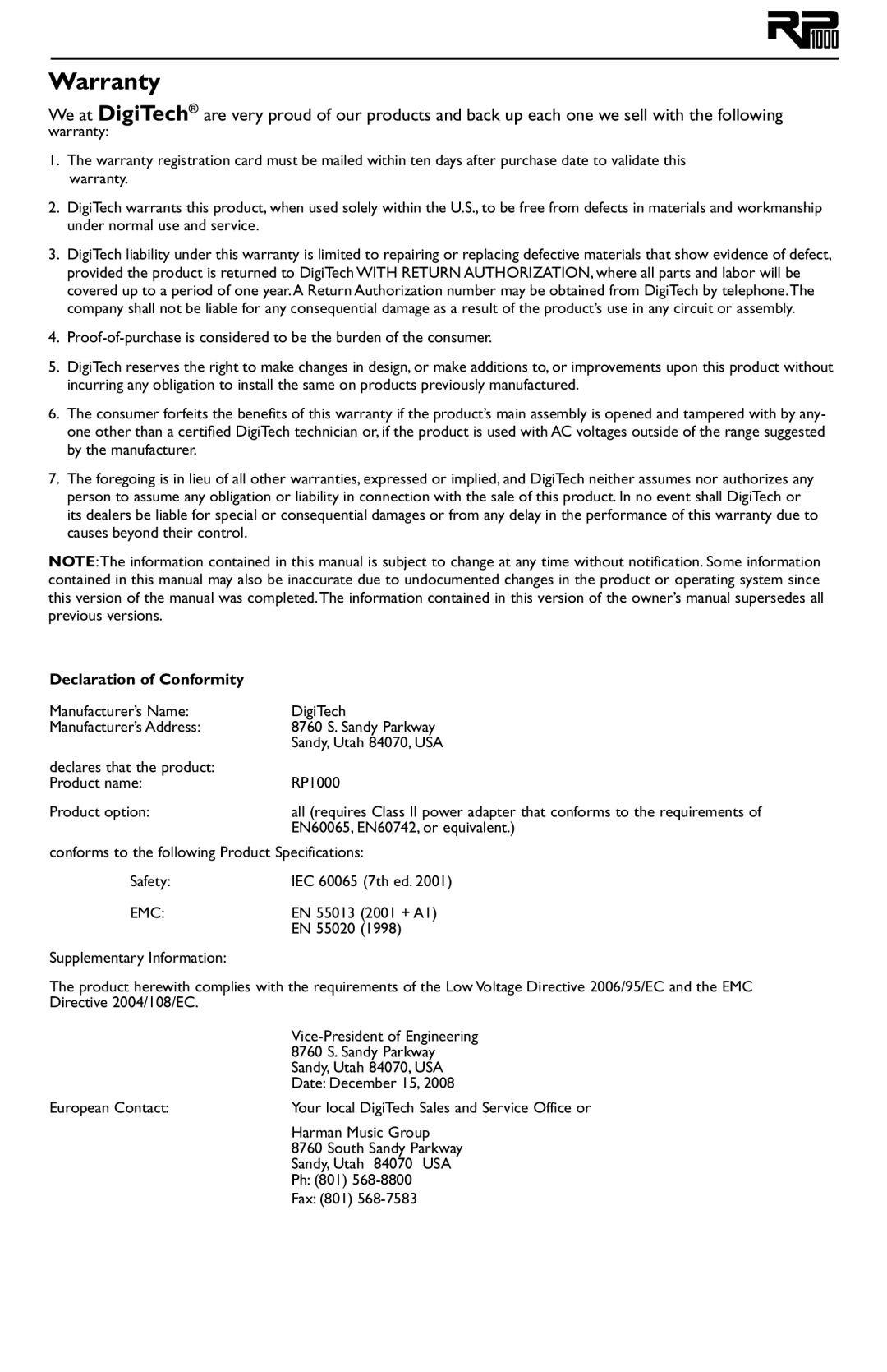 DigiTech RP1000 owner manual Warranty 