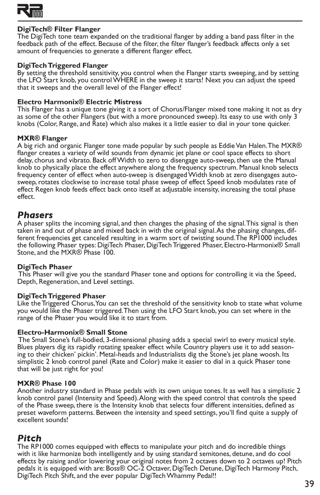 DigiTech RP1000 owner manual Phasers, Pitch 