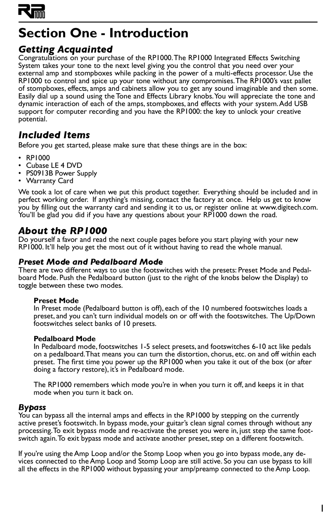 DigiTech owner manual Getting Acquainted, Included Items, About the RP1000, Preset Mode and Pedalboard Mode, Bypass 