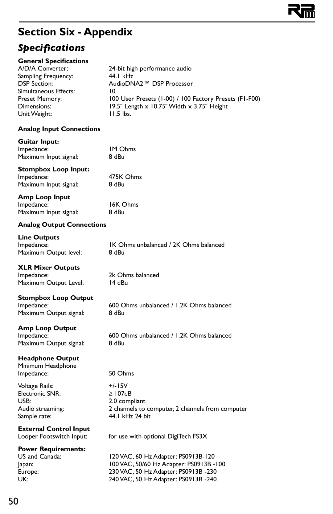 DigiTech RP1000 owner manual Specifications 